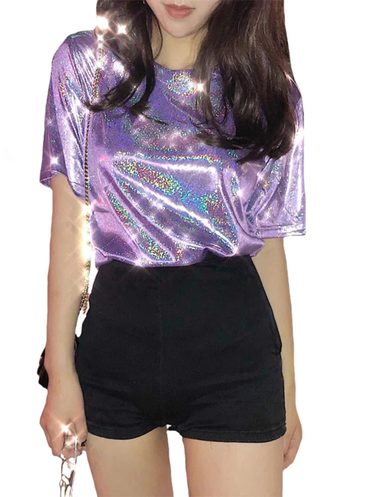 Tops de verano para mujer, camiseta holgada brillante de manga corta, camiseta sexy de estética para club harajuku, camiseta elegante de seda brillante para mujer