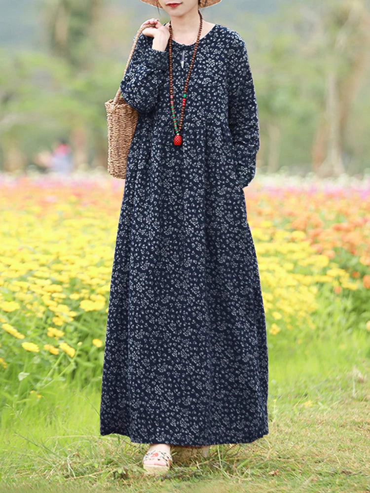Vestido Floral Vintage mujer 2025 ZANZEA otoño Vestidos largos bohemios Casual manga larga Maxi Vestidos bata suelta Mujer de gran tamaño
