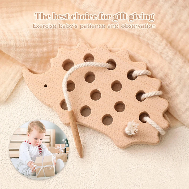 Juguetes de madera Montessori para bebé, tablero de enhebrado de erizo Animal, juguete educativo de madera de haya para niños, bloques de cuentas con botones, juguetes rompecabezas