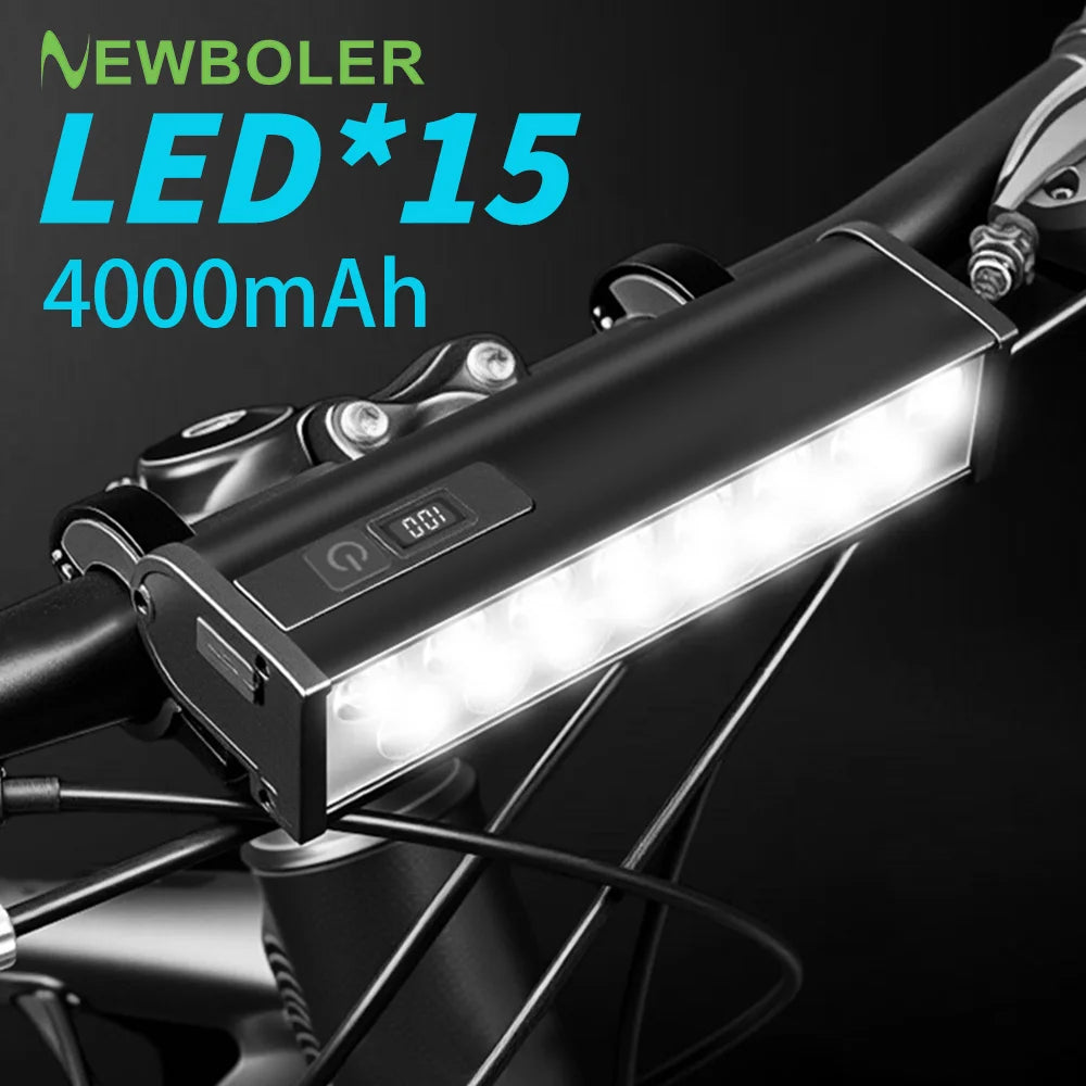 NEWBOLER-luz frontal para bicicleta, 4/15LED, 4000mAh, resistente al agua, linterna con carga USB, accesorios para lámpara de ciclismo de montaña y carretera