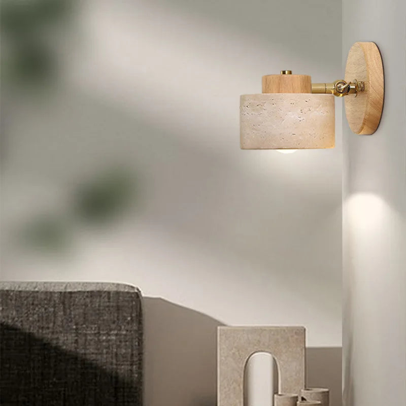 Lámpara de pared para cabecera de dormitorio wabi-sabi de estilo japonés con piedra de cueva amarilla, estudio retro en familia, lámpara de pared giratoria con interruptor para