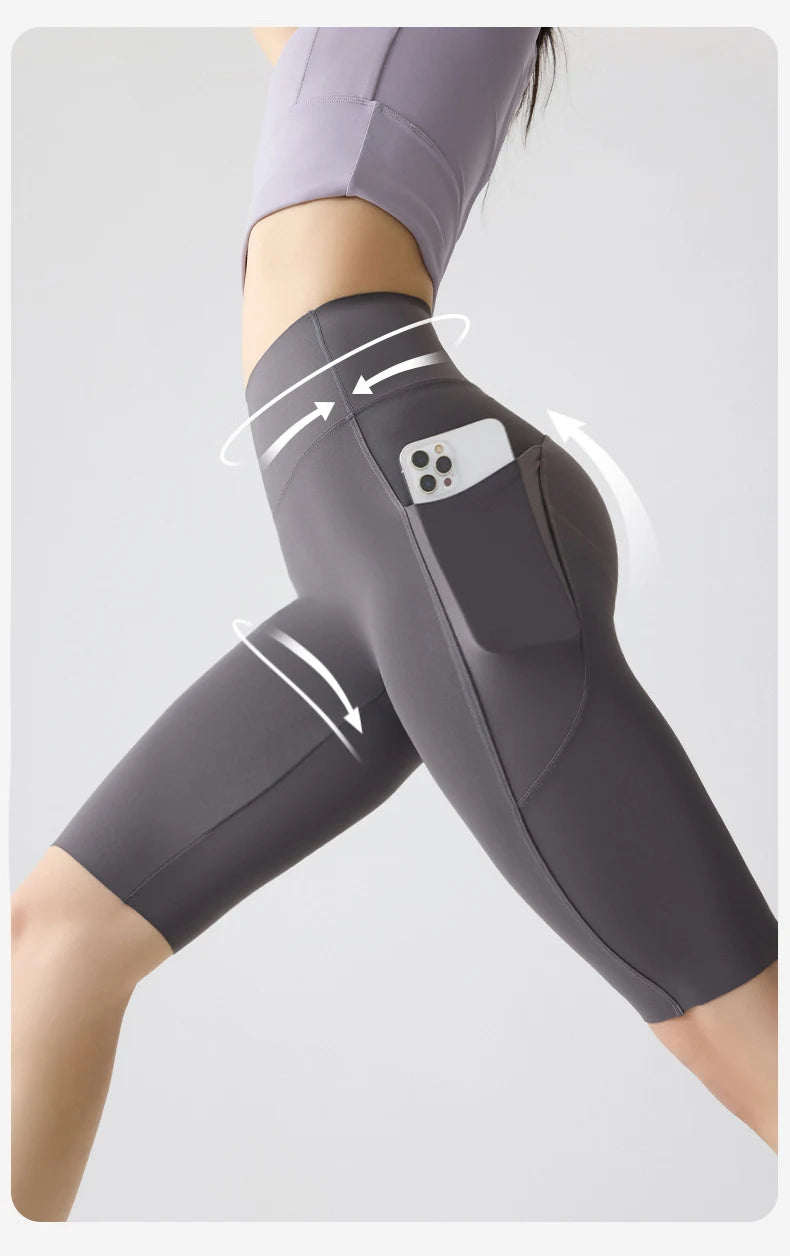 BIVIGAOS, pantalones cortos de verano con bolsillo para Yoga de piel de tiburón para bicicleta, pantalones cortos finos de cintura alta con realce, sensación desnuda, pantalones cortos deportivos para ciclismo y Fitness