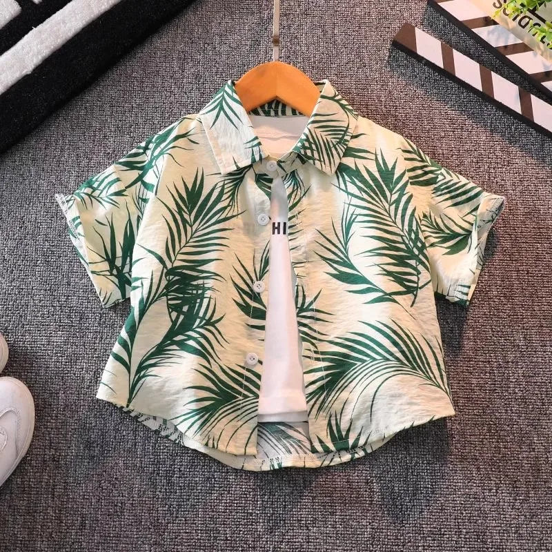 Camisa de manga corta para niños, camisa de flores para playa y playa de verano, conjunto de pantalones cortos para niños