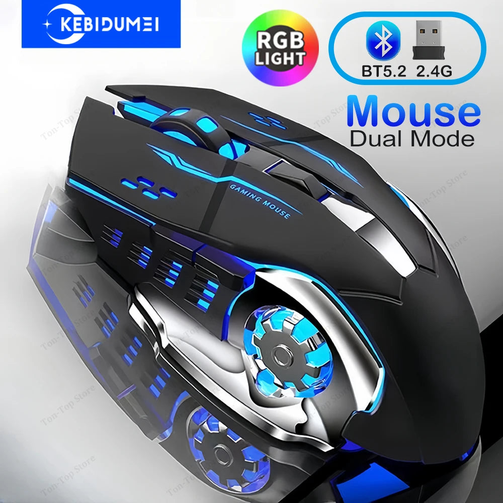 Ratón RGB de modo Dual Bluetooth 5,2, ratón inalámbrico de 2,4G para juegos, ratón silencioso recargable, ratón de 3600 DPI para ordenador portátil