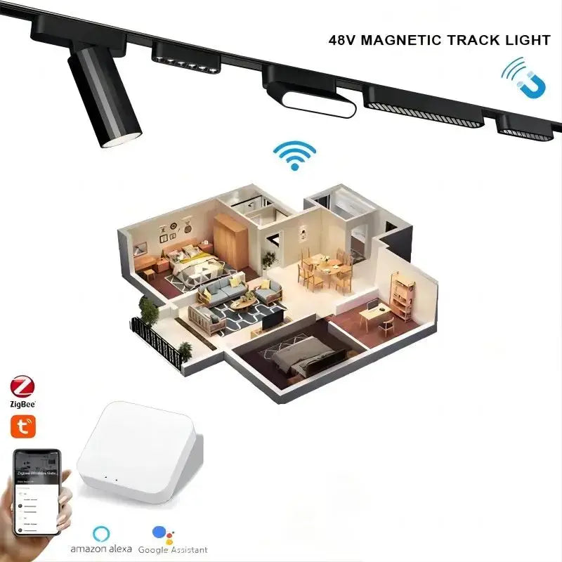 Sistema de luz de pista magnética de montaje en superficie de techo regulable Tuya Zigbee inteligente fino de 6MM lámpara delgada blanca y negra segura DC48V para el hogar