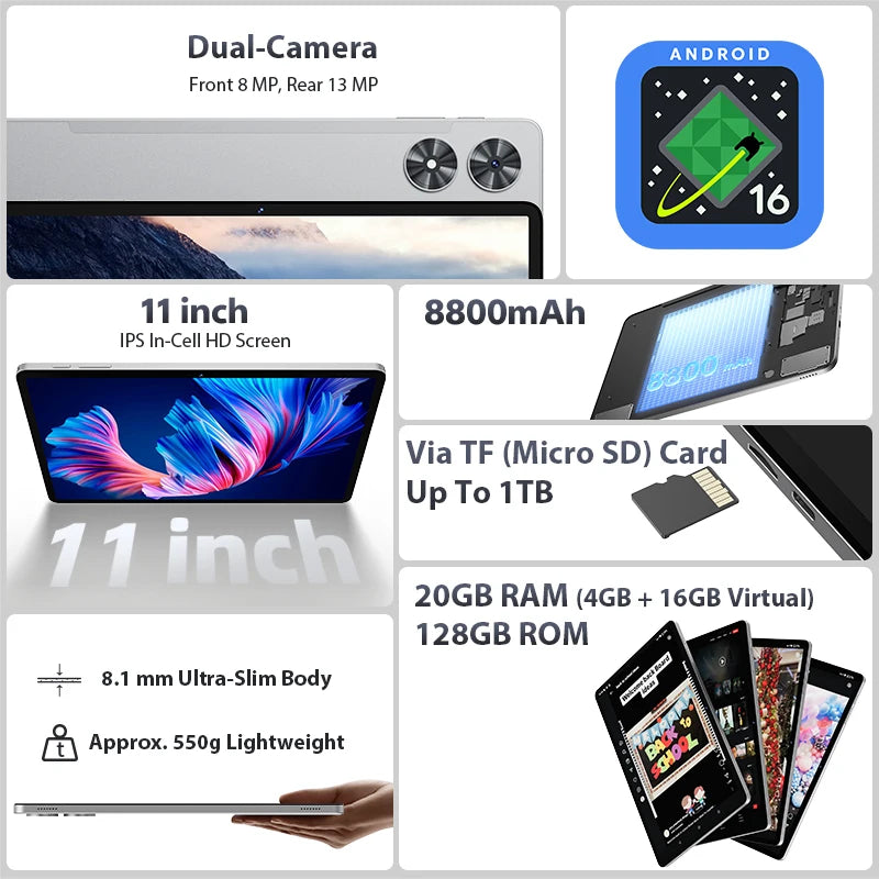 Tableta SVITOO Android 16 2025 de 11 pulgadas, 1280 x 800 HD IPS, procesador Octa-Core, 16 GB de RAM, 128 GB de ROM, expandible de 1 TB, batería 8800 mAh, WiFi 5, Bluetooth 5.0, GPS, Widevine L1, teclado, ratón y funda