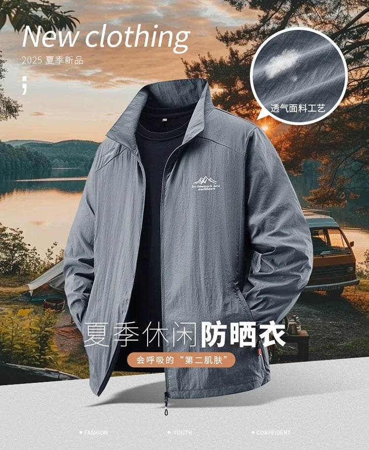 2025 Chaqueta de protección solar de verano para hombre, ultraligera, fina, agradable a la piel, transpirable, a prueba de rayos UV, abrigo protector solar de seda helada para pesca