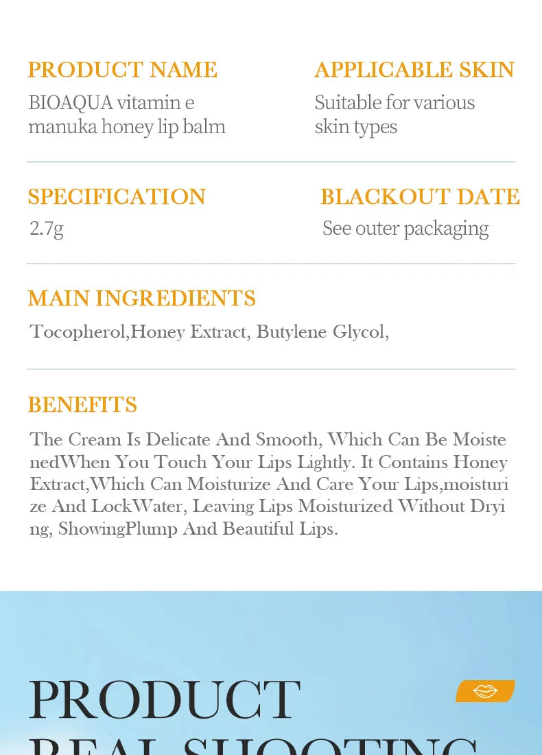 BIOAOUA vitamina E miel bálsamo labial hidratante antigrietas nutritivo lápiz labial labios productos para el cuidado de la piel