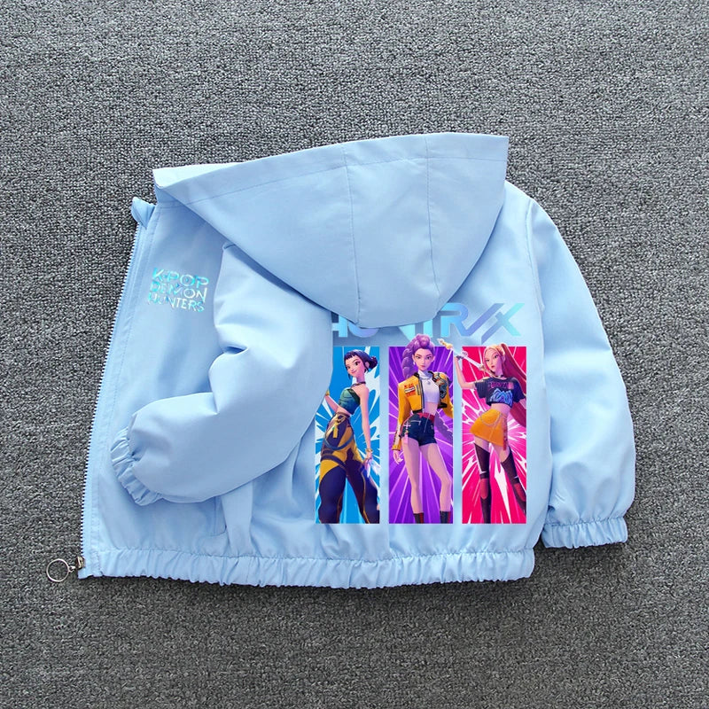 Chaqueta Cortavientos para Niñas Adolescentes K-pop Demon Hunters 2026 Primavera Otoño, Chaqueta con Capucha Estampada de Dibujos Animados, Ropa Exterior Impermeable