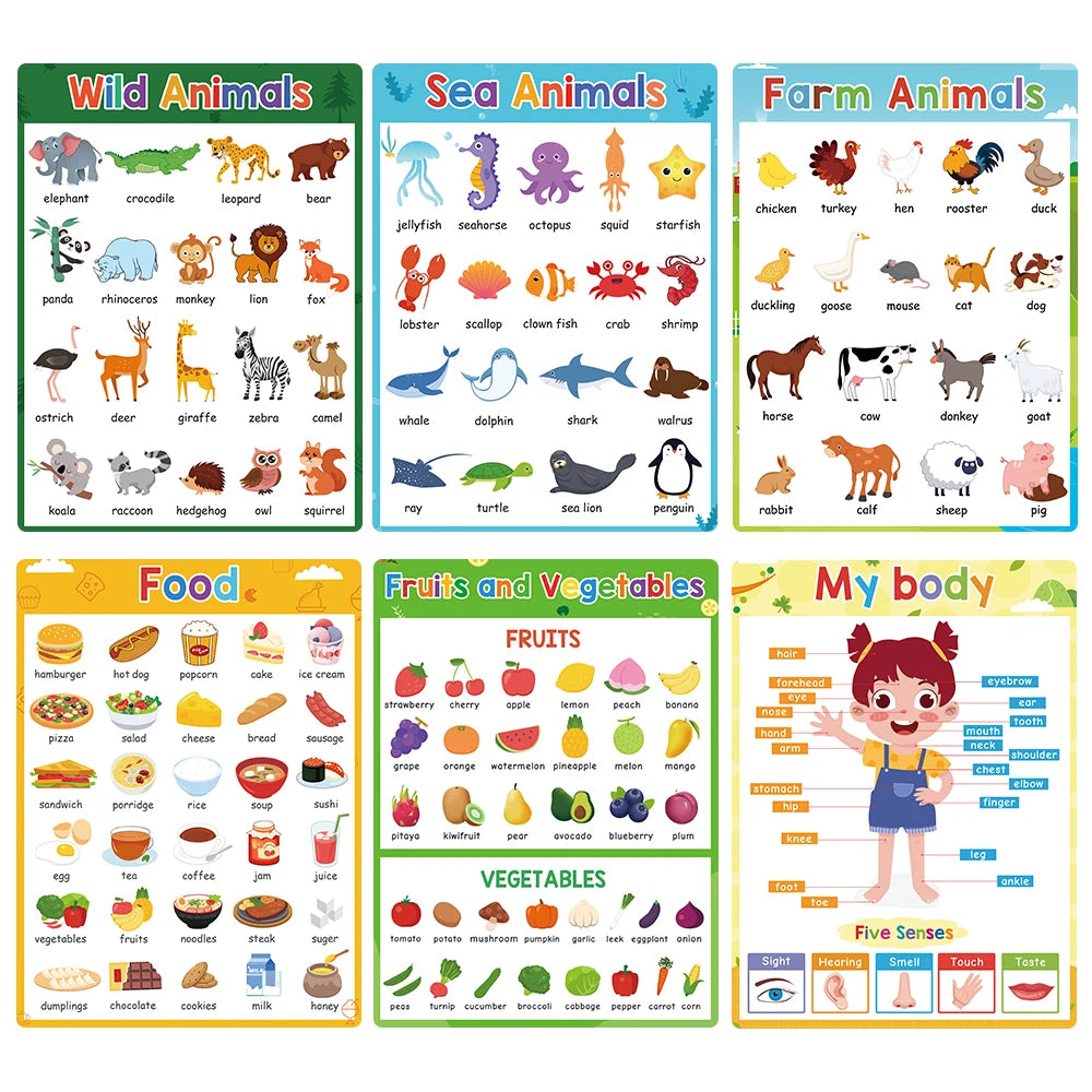 Pósteres educativos para niños en edad preescolar, gráficos de aprendizaje de palabras en inglés, material didáctico, decoración del aula, tarjeta grande Montessori