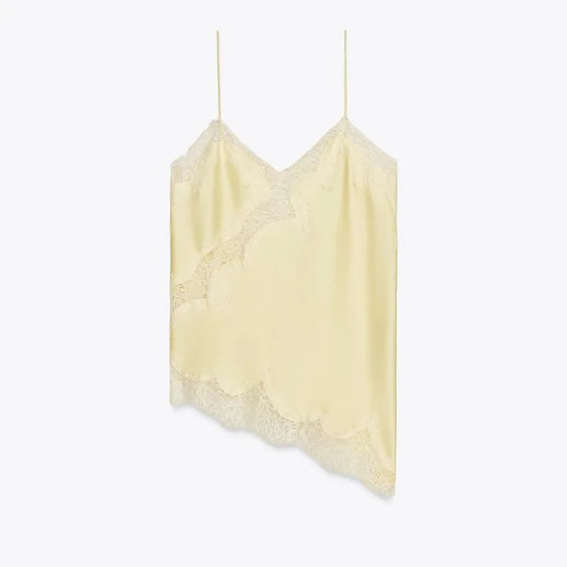 Verano mujeres Halter Top satén encaje empalmado tanque sin espalda cuello profundo Sexy chaleco dobladillo Irregular Vestidos 2025 señora vacaciones Sexy Tops