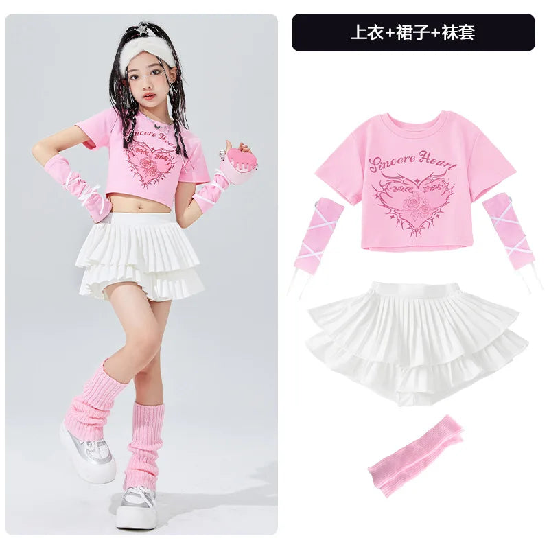 Ropa bonita de Hip Hop para chico, camiseta corta con estampado rosa, mangas, minifalda plisada en capas blancas para niñas, tra