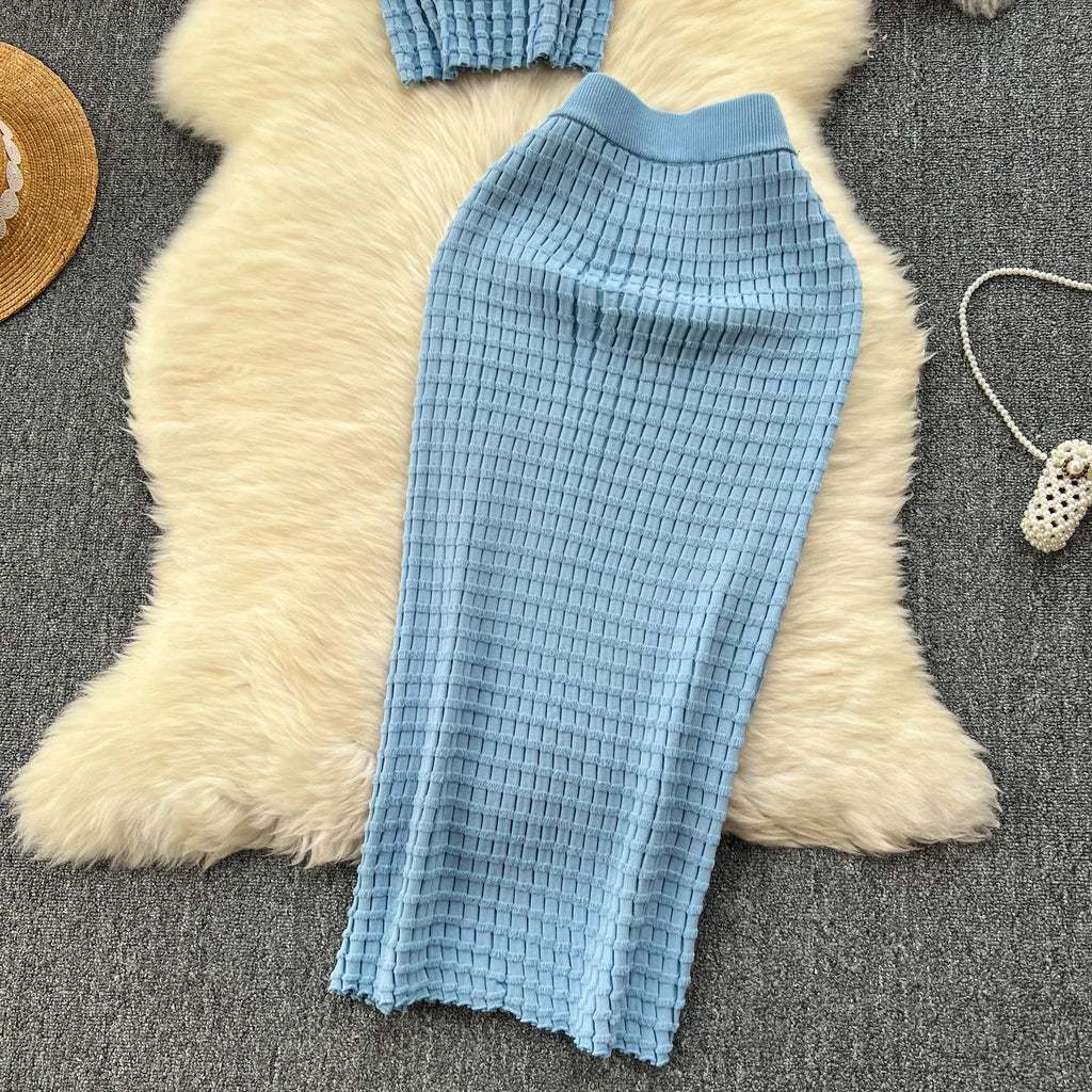 Conjunto de falda de moda de verano para mujer, camisetas sin mangas Sexy, cintura alta, Saya larga delgada, trajes de dos piezas, ropa de punto sólida