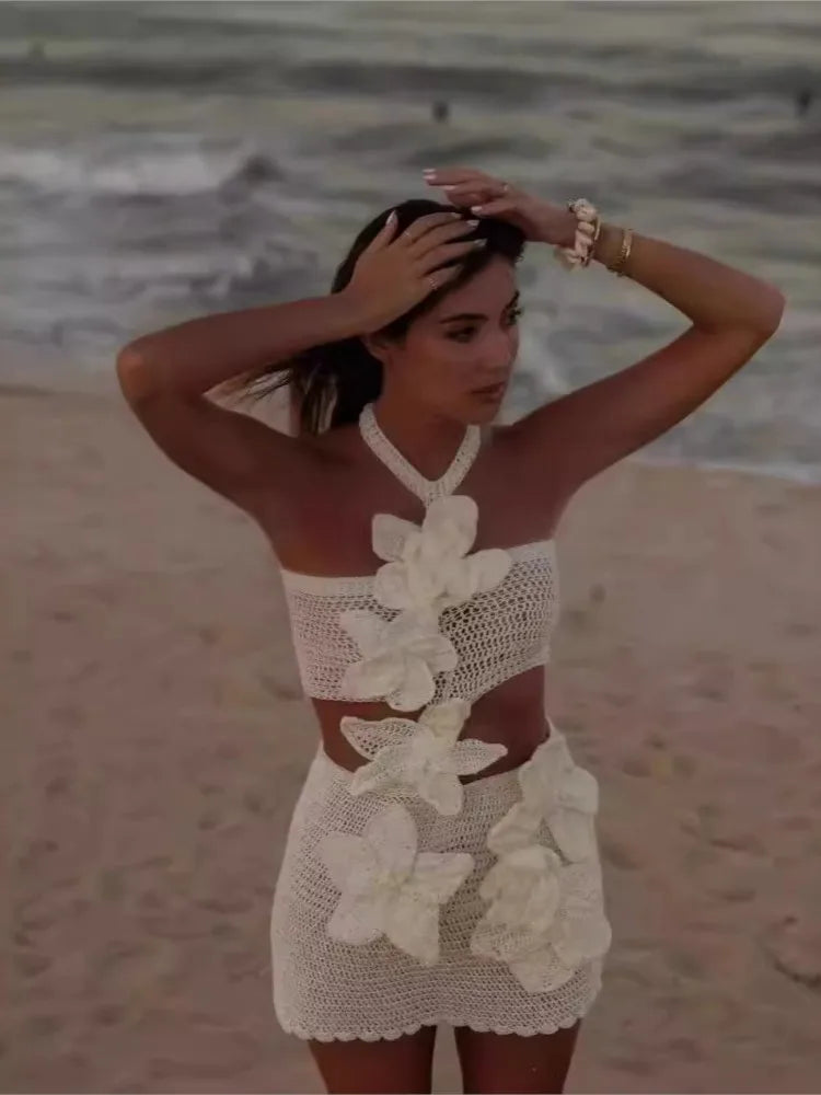 Vestidos Vintage 2025, Vestidos sexis para mujer, ropa de playa fresca y dulce, cintura hueca, vacaciones, playa, Color sólido, cuello Halter