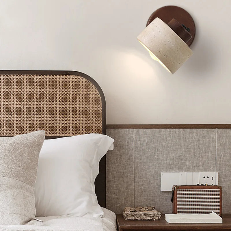 Lámpara de pared para cabecera de dormitorio wabi-sabi de estilo japonés con piedra de cueva amarilla, estudio retro en familia, lámpara de pared giratoria con interruptor para
