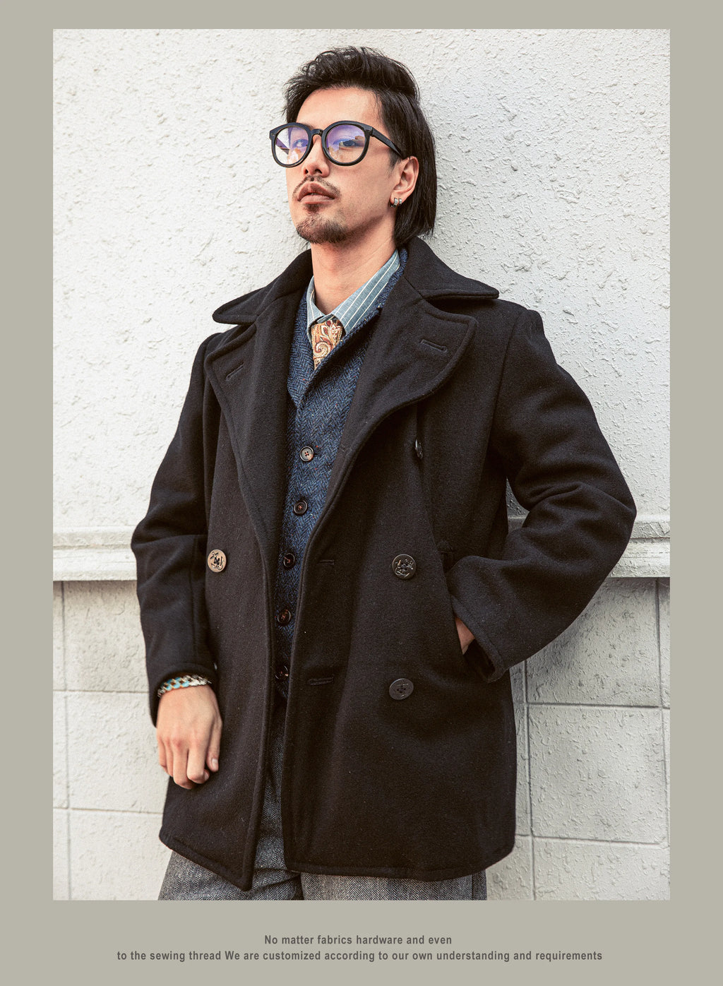 Peacoat Red Tornado 740 en negro, abrigo vintage de mezcla de lana de longitud media con doble botonadura para hombre, chaqueta cálida de invierno