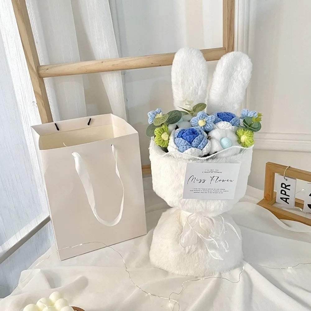 Ramo de flores de ganchillo con orejas de conejo, ramo de flores completo hecho a mano con bolsa de regalo, ramo de rosas de punto creativo para el día de la madre
