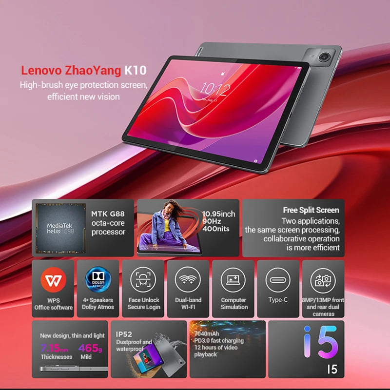 Tablet Lenovo Tab K10 M11 8GB 128GB WIFI LTE MTK Helio G88 ROM Global Android 13, Pantalla de 11'' 90Hz, GPS, Batería de 7040mAh