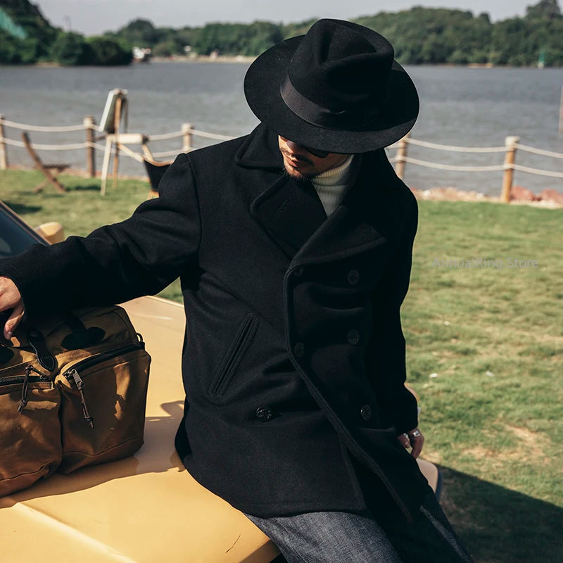 Peacoat Red Tornado 740 en negro, abrigo vintage de mezcla de lana de longitud media con doble botonadura para hombre, chaqueta cálida de invierno