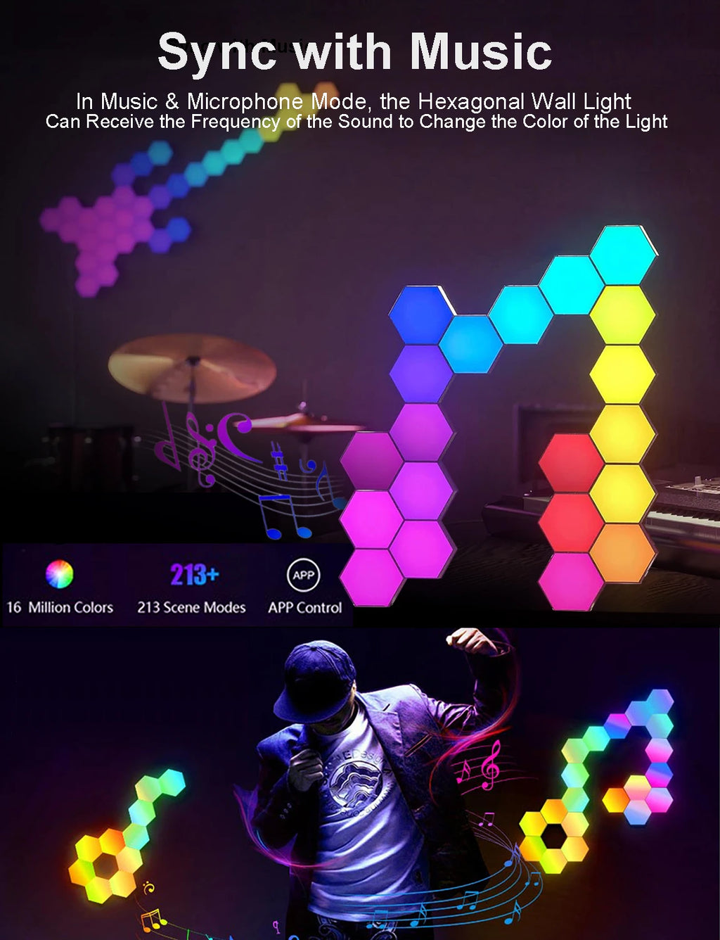 Lámpara de pared Hexagonal inteligente Fivemi RGB, luz nocturna ambiental que cambia de Color, Hexagonal DYI, ritmo musical, Control por aplicación, sala de juegos y dormitorio