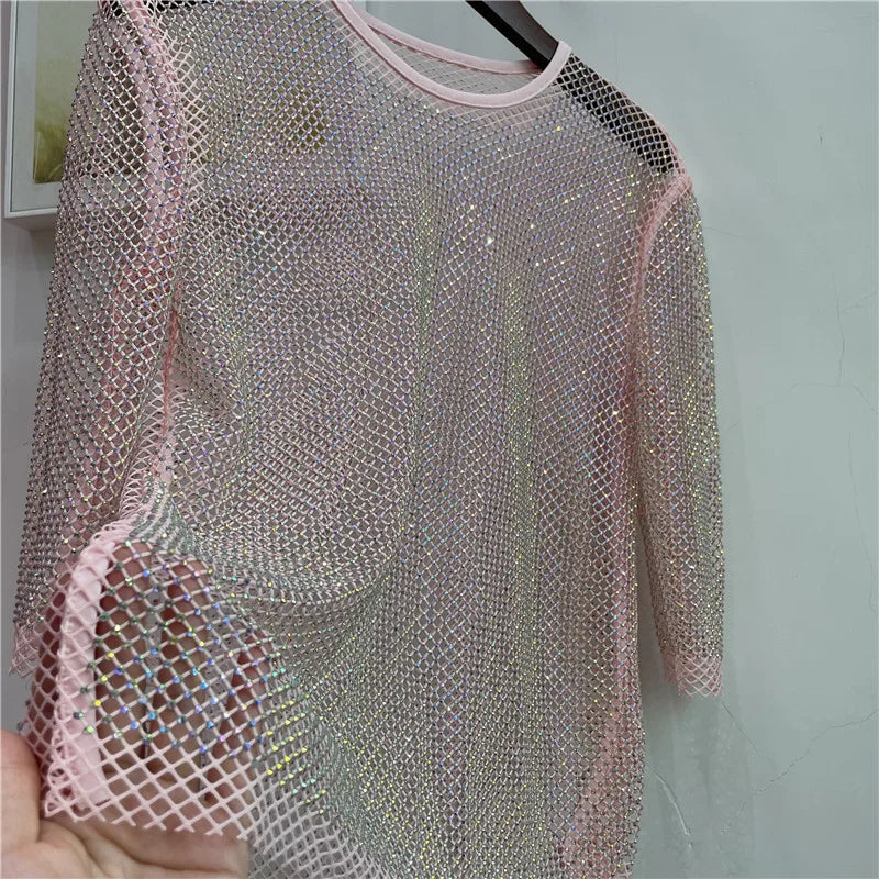 ColorShiny Diamonds-Camiseta básica de sílabas eléctricas para mujer, Top ajustado de cristal con cuello redondo, media manga, Sexy, para fiesta y Club