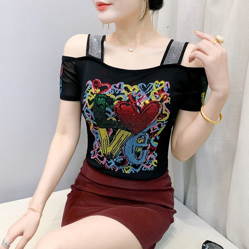 Ropa de calle europea, camiseta de marca para mujer, camisetas ajustadas de manga corta elegantes con diamantes brillantes para mujer