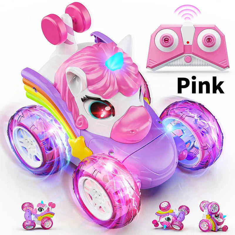 Coche teledirigido unicornio para niñas, 360 °   Coches RC acrobáticos giratorios 4WD con luces lindas, juguetes recargables para niños para regalos de cumpleaños