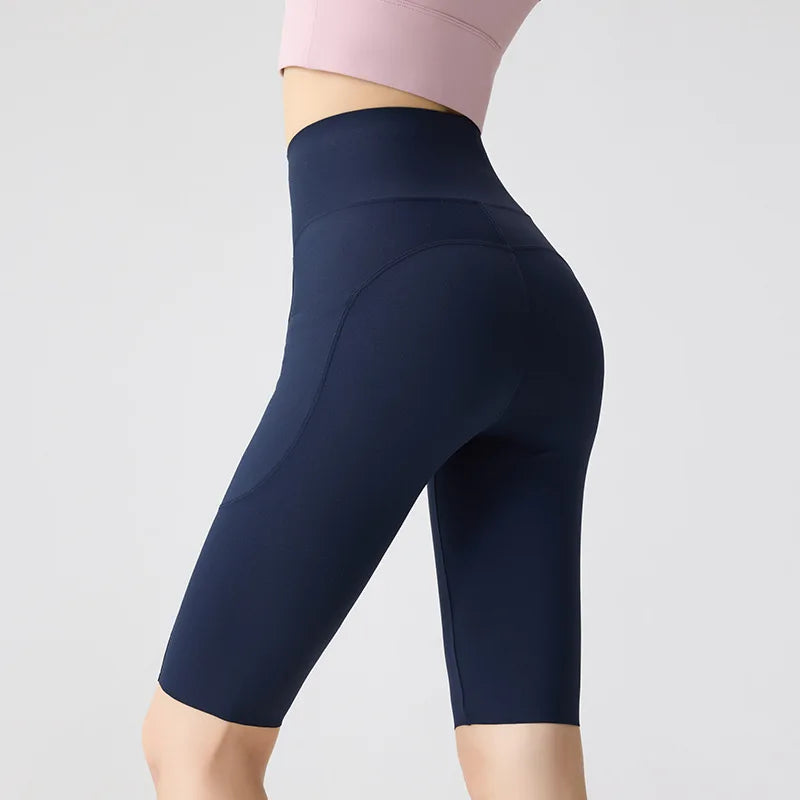 BIVIGAOS, pantalones cortos de verano con bolsillo para Yoga de piel de tiburón para bicicleta, pantalones cortos finos de cintura alta con realce, sensación desnuda, pantalones cortos deportivos para ciclismo y Fitness
