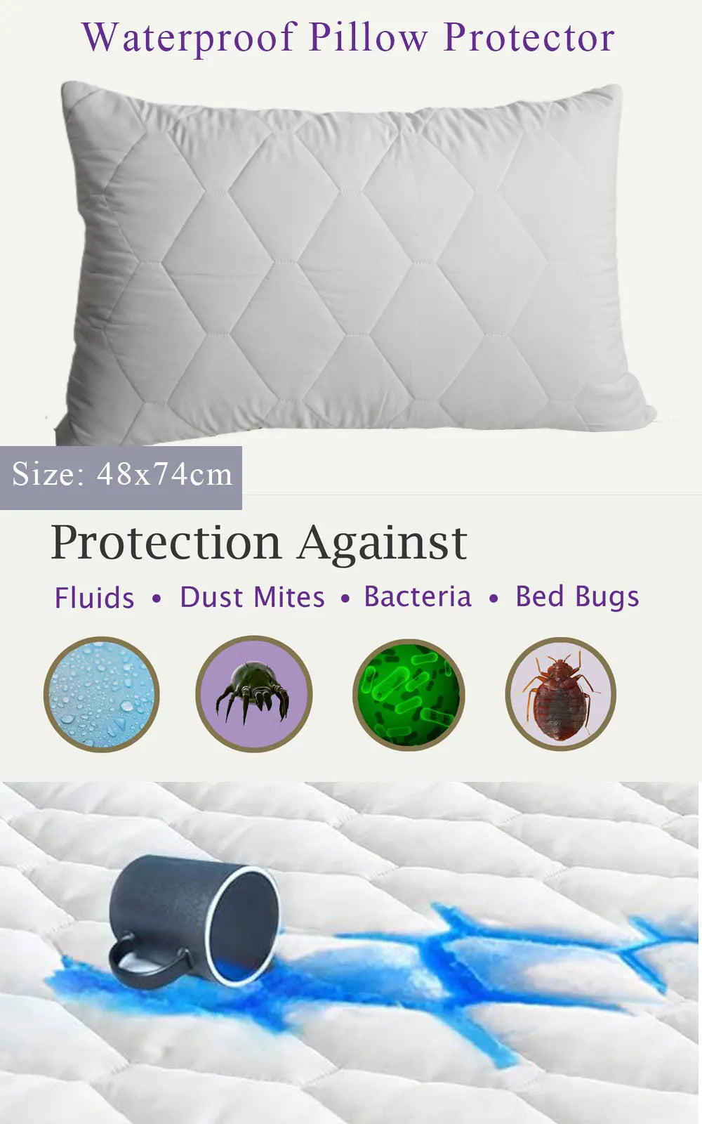 Funda de almohada gruesa con cremallera, Protector de almohada impermeable, funda de almohada de cama suave y transpirable