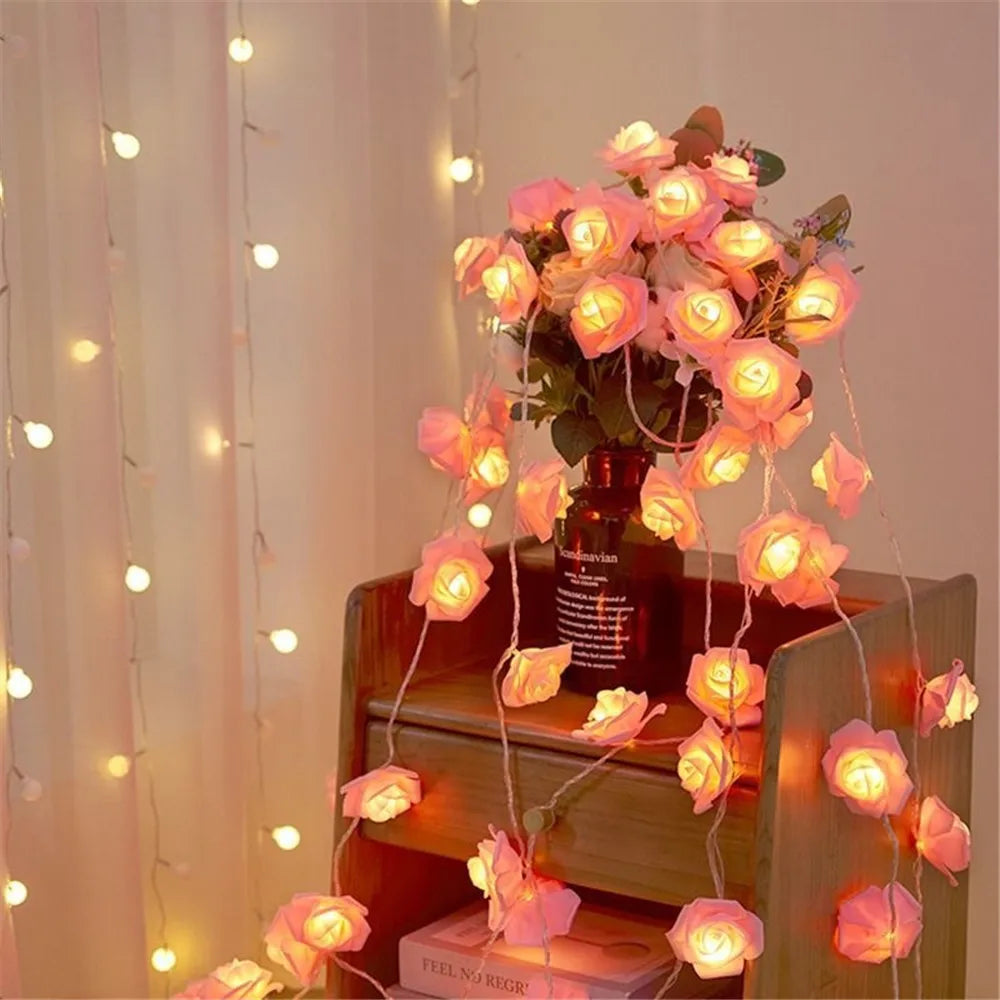 Guirnalda de Luces LED de 3m con 20 Rosas Artificiales, Funciona con Pilas, Decoración para Bodas, Habitaciones, Ramadán, Regalos para el Día de la Madre