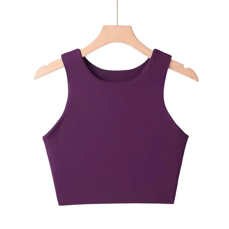 Camisetas ajustadas sexis para mujer, camisetas sin mangas con cuello redondo y doble nailon para mujer, camisetas sin mangas de buena calidad en 6 colores 2023