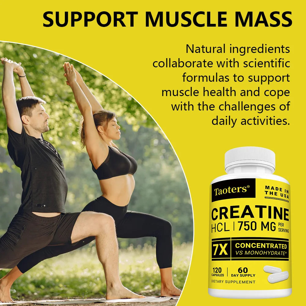 Cápsulas de creatina HCL-750 mg, soporte de energía muscular, cognitiva y celular, aumenta la energía, la resistencia y mejora el rendimiento atlético