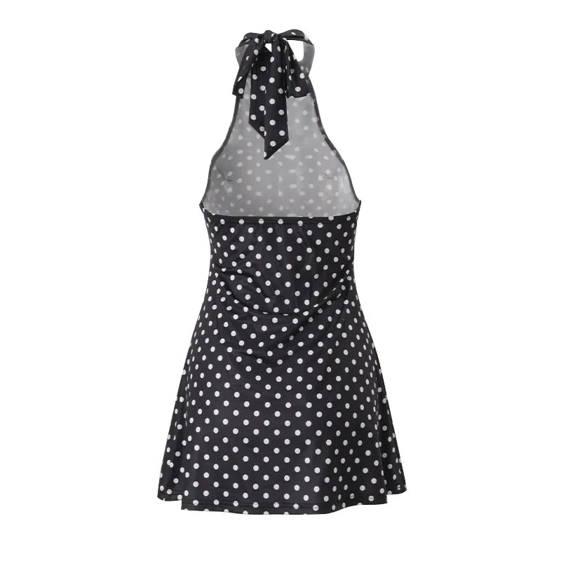 Elegante Vestido Mini de Puntos con Hombros Descubiertos para Mujer, Sin Mangas, Espalda Descubierta, Cintura Alta, Estilo Y2K, Moda de Verano, Vestido de Fiesta para Club