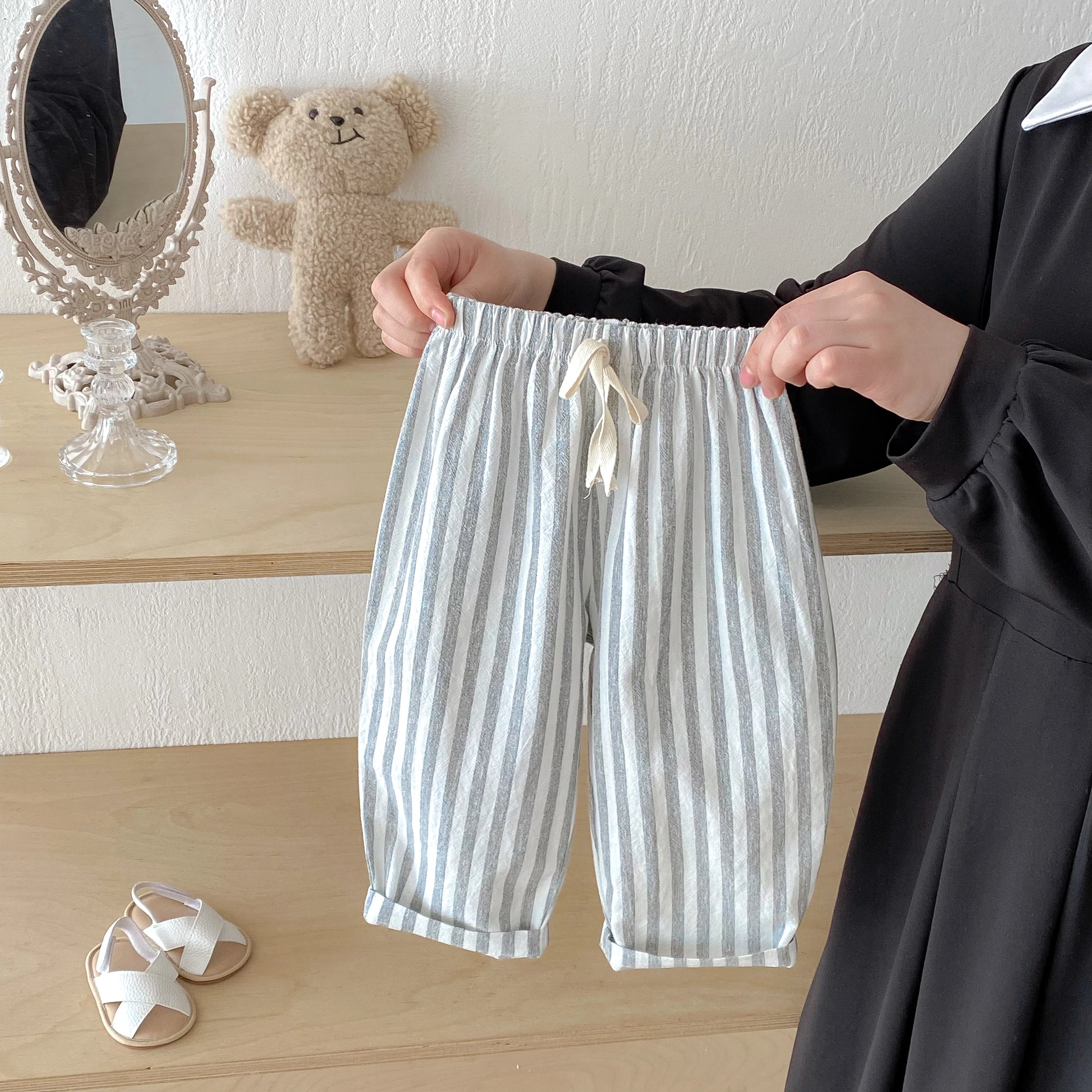 Pantalones Vintage de lino y algodón a rayas para niños, pantalones informales con diseño de bolsillo, pantalones de cintura elástica para niño niña, ropa, pantalones para niños