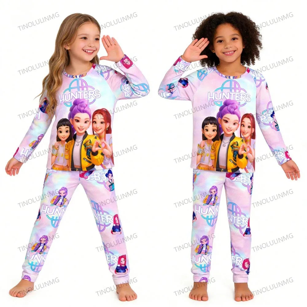 Conjunto de pijamas para niños KPop Demon Hunters Huntrix, ropa de manga larga para niñas, 2 uds., ropa de dormir para niños, ropa de dormir de dibujos animados para niños de 3 a 14 años