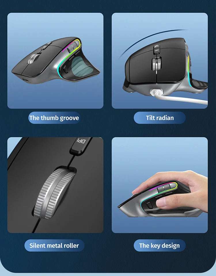 JOMAA-ratón inalámbrico para juegos de ordenador, Mouse negro de 2,4G con Bluetooth, RGB, recargable, diseño ergonómico, para oficina