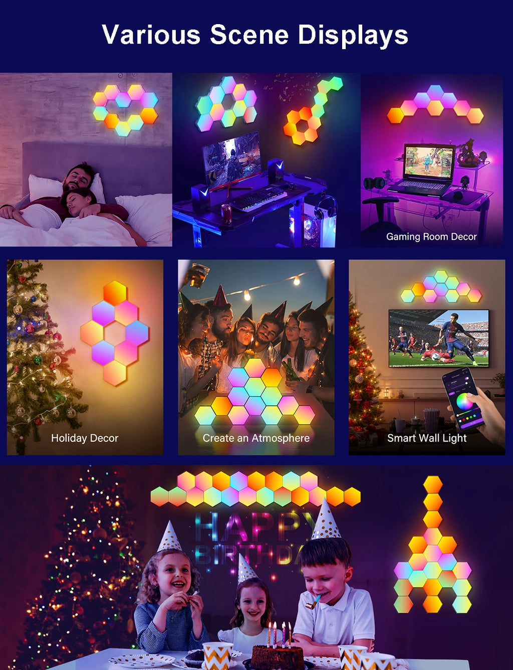 Lámpara de pared Hexagonal inteligente Fivemi RGB, luz nocturna ambiental que cambia de Color, Hexagonal DYI, ritmo musical, Control por aplicación, sala de juegos y dormitorio