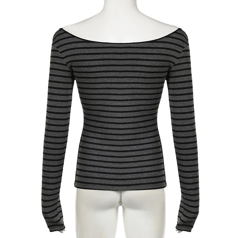Lamuusaa Grunge Top y2k ropa mujer Cybercore rayas fuera del hombro Camiseta de manga larga 2000s ropa gótica ropa de calle de otoño
