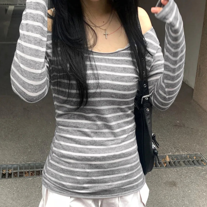 Lamuusaa Grunge Top y2k ropa mujer Cybercore rayas fuera del hombro Camiseta de manga larga 2000s ropa gótica ropa de calle de otoño