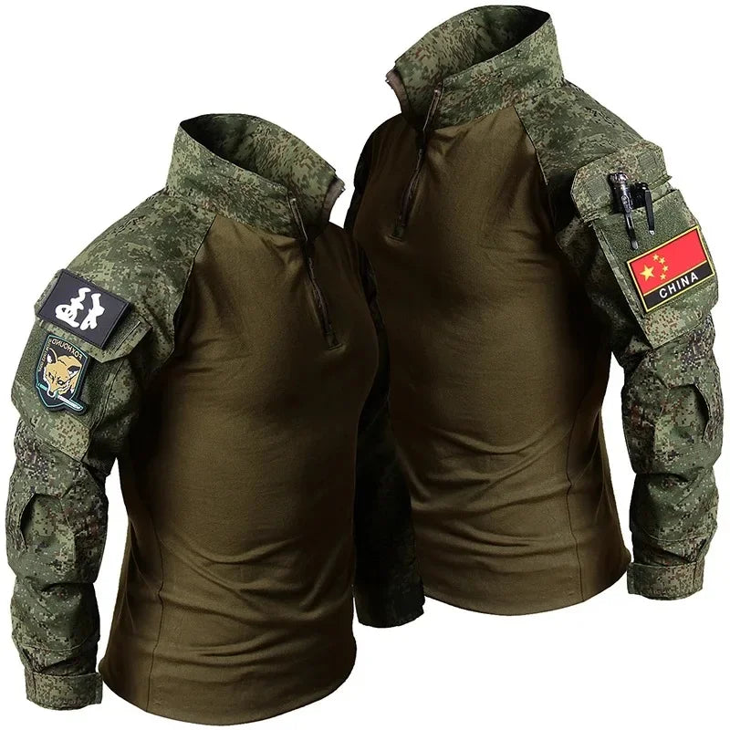 Camisas Tácticas de Manga Larga para Exteriores, Camisa de Combate con Cierre de 1/4, Algodón Ripstop Resistente al Desgaste, Camisetas de Camuflaje para Airsoft, Ropa Masculina