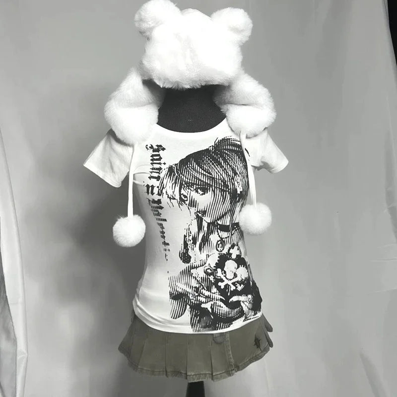 Y2k-Camiseta con estampado de texto para mujer, cuello redondo, montado en la calle, Harajuku, corte Retro Simple, hermosa camiseta informal Kawaii, 90' S
