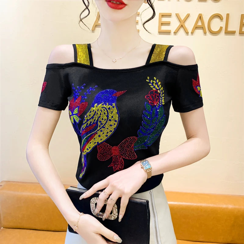 Ropa de calle europea, camiseta de marca para mujer, camisetas ajustadas de manga corta elegantes con diamantes brillantes para mujer