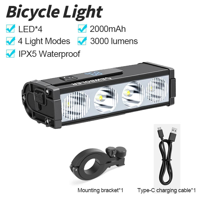 NEWBOLER-luz frontal para bicicleta, 4/15LED, 4000mAh, resistente al agua, linterna con carga USB, accesorios para lámpara de ciclismo de montaña y carretera
