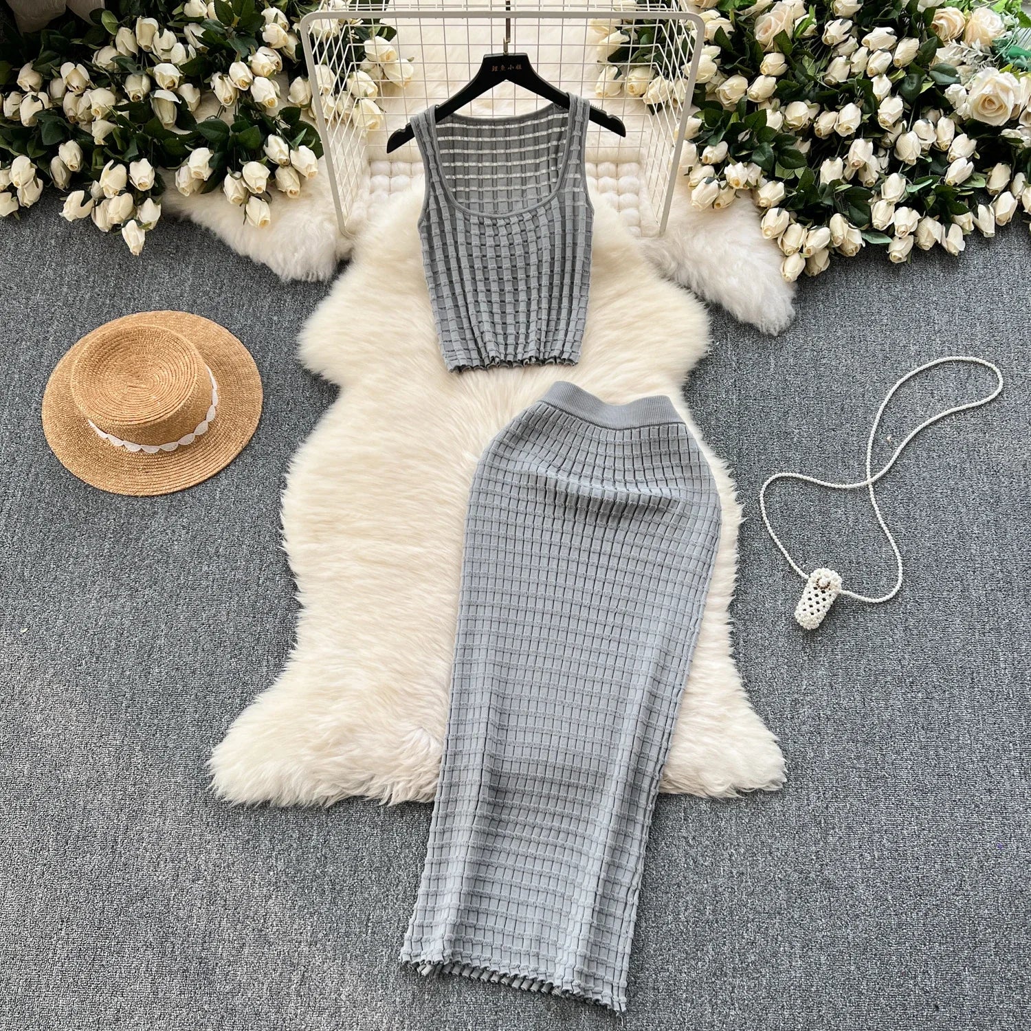 Conjunto de falda de moda de verano para mujer, camisetas sin mangas Sexy, cintura alta, Saya larga delgada, trajes de dos piezas, ropa de punto sólida