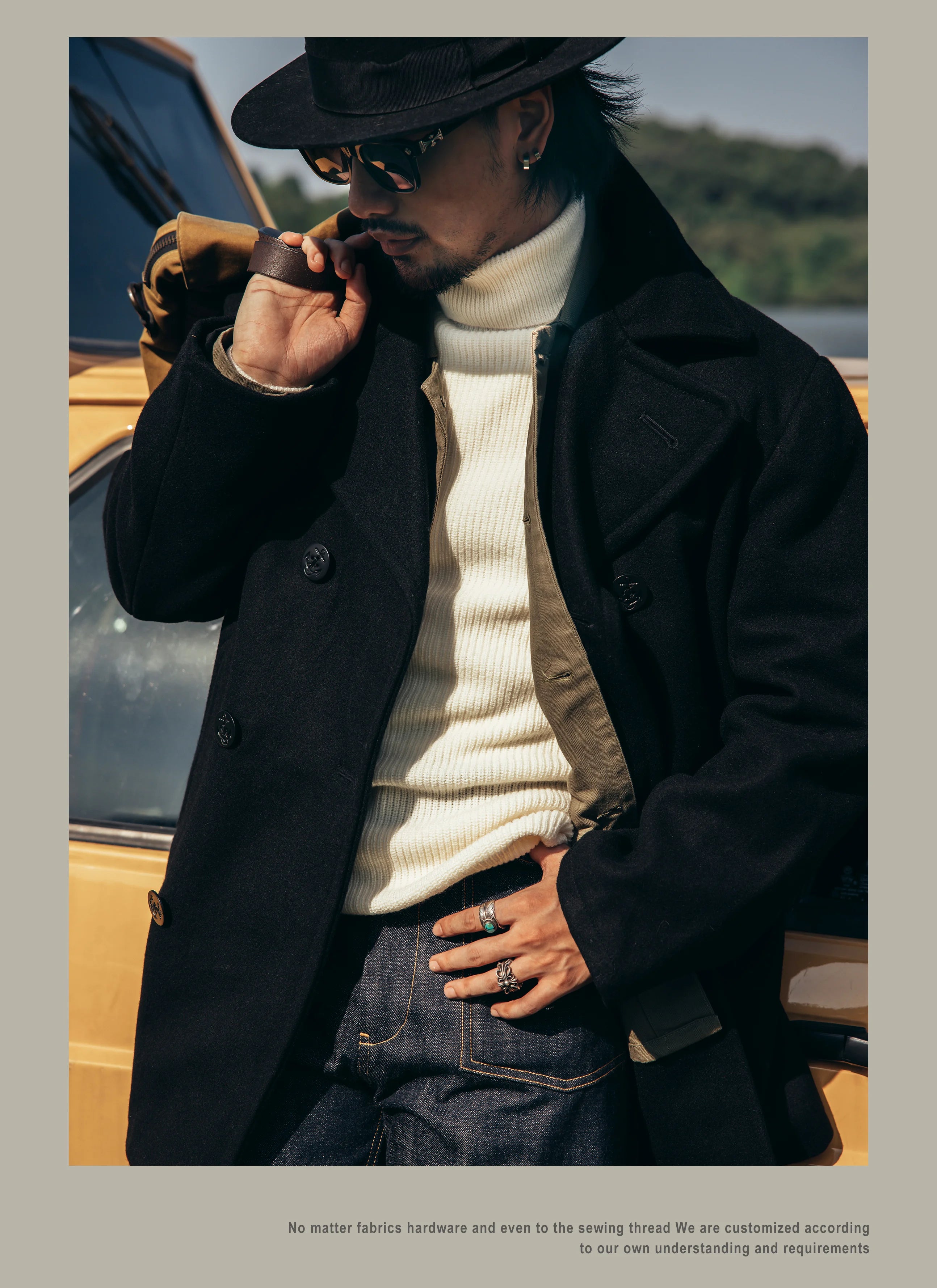 Peacoat Red Tornado 740 en negro, abrigo vintage de mezcla de lana de longitud media con doble botonadura para hombre, chaqueta cálida de invierno