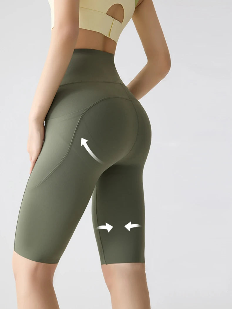 BIVIGAOS, pantalones cortos de verano con bolsillo para Yoga de piel de tiburón para bicicleta, pantalones cortos finos de cintura alta con realce, sensación desnuda, pantalones cortos deportivos para ciclismo y Fitness