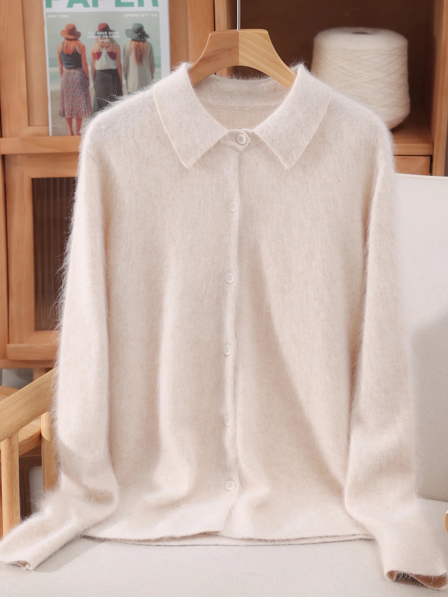 Otoño Invierno mujer 100% suéter de cachemira de visón puro con cuello Peter Pan y botones Preppy coreano Casual tejido de Color sólido