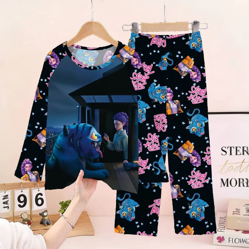 Conjunto de pijamas para niños KPop Demon Hunters Huntrix, ropa de manga larga para niñas, 2 uds., ropa de dormir para niños, ropa de dormir de dibujos animados para niños de 3 a 14 años