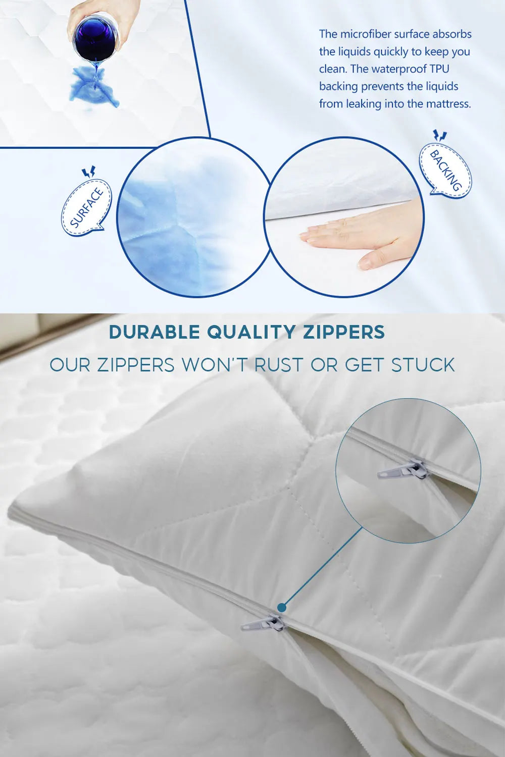 Funda de almohada gruesa con cremallera, Protector de almohada impermeable, funda de almohada de cama suave y transpirable
