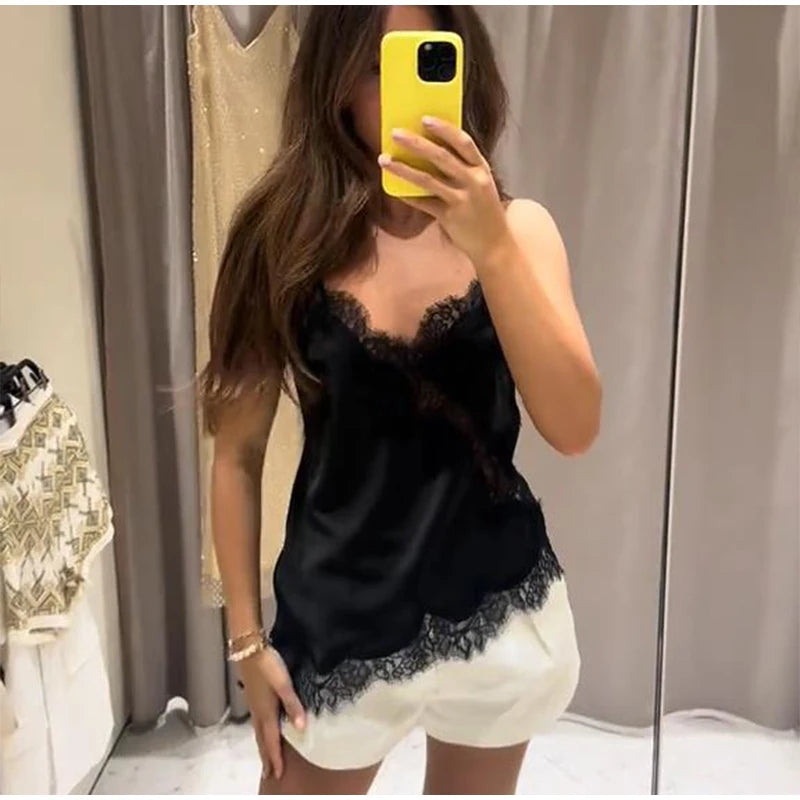 Verano mujeres Halter Top satén encaje empalmado tanque sin espalda cuello profundo Sexy chaleco dobladillo Irregular Vestidos 2025 señora vacaciones Sexy Tops